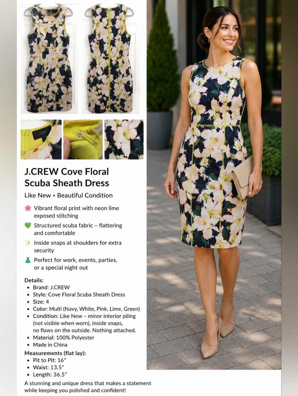 J.Crew Cove Floral Surf Scuba Sheath Dress Size 4 Neon Trim - Picture 11 of 12